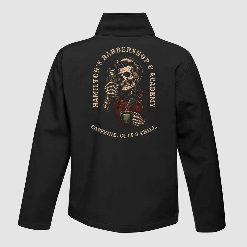 Back view of the black Hamilton's softshell jacket showing the large Hamilton's back print