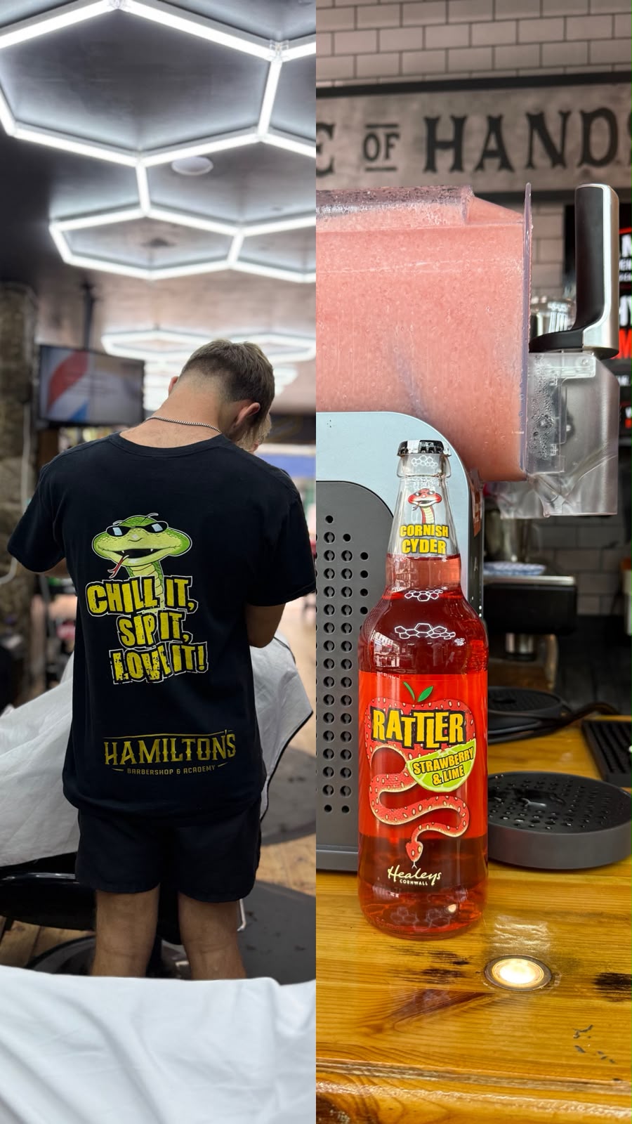 Rattler Strawberry & Lime Cornish cyder bottle beside the slushie machine at Hamilton's, next to a barber in a branded t-shirt