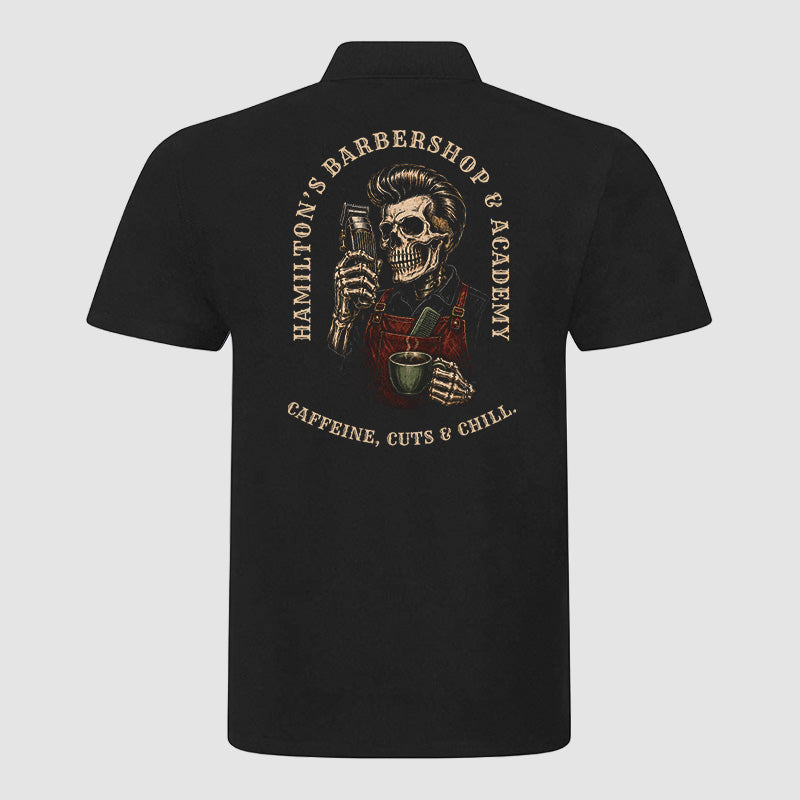 Back view of the black Hamilton's polo shirt showing the large Hamilton's back print