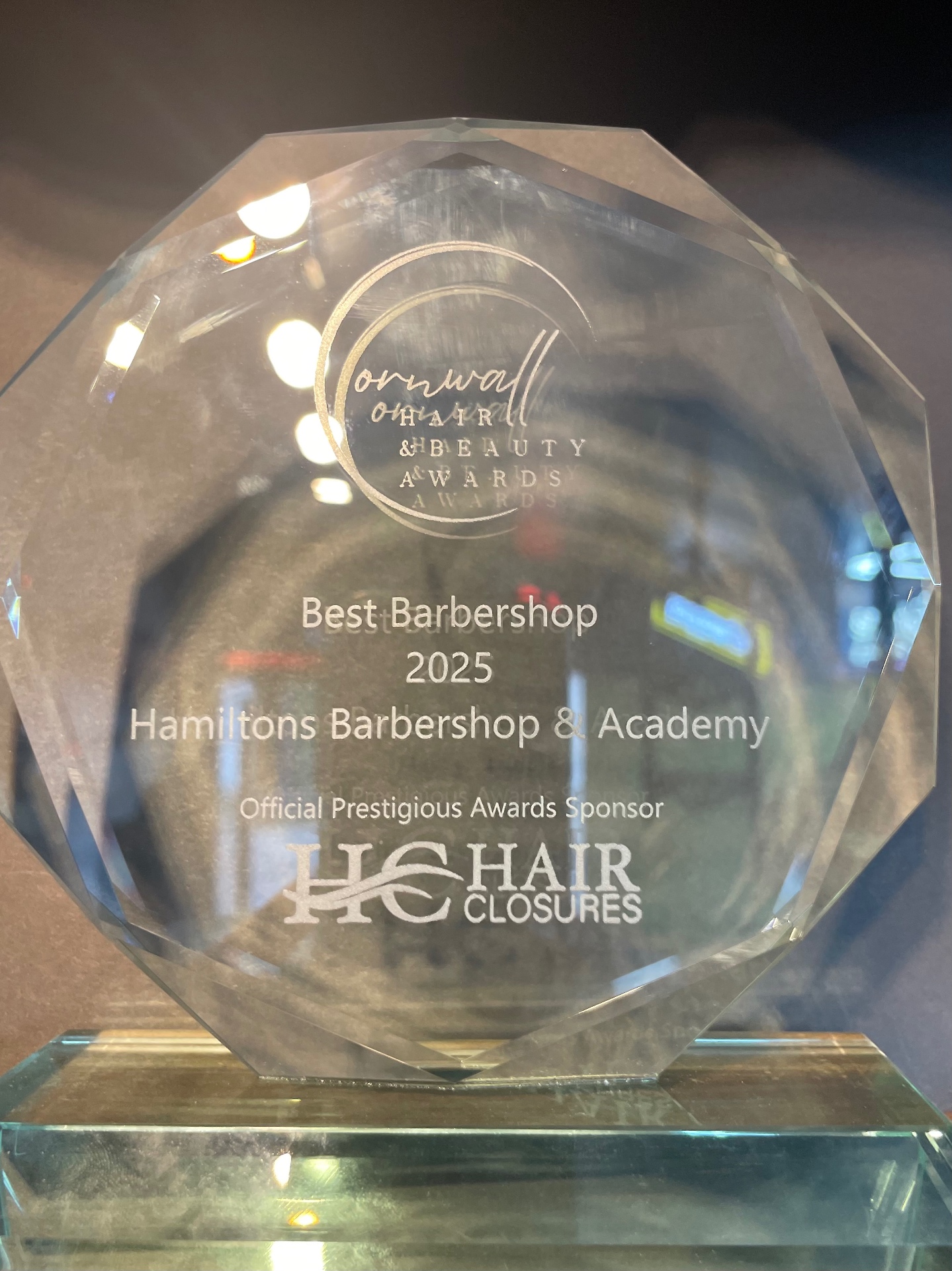 Cornwall Hair & Beauty Awards trophy engraved Best Barbershop 2025, Hamiltons Barbershop & Academy