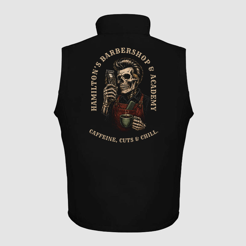 Back view of the black Hamilton's softshell bodywarmer showing the large Hamilton's back print