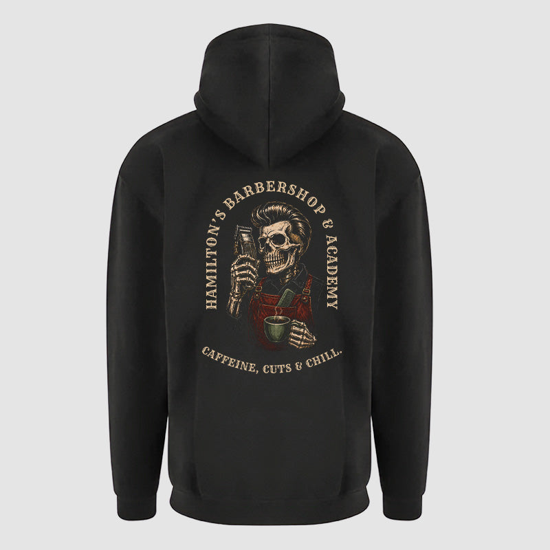 Back view of the black Hamilton's hoodie showing the large Hamilton's back print