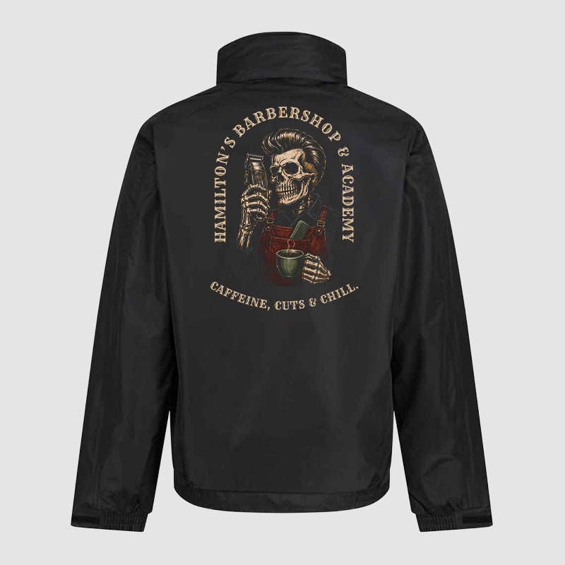 Back view of the black Hamilton's waterproof coat showing the large Hamilton's back print
