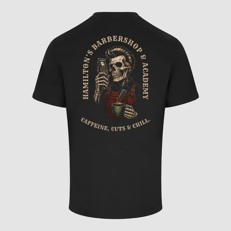 Back view of the black Hamilton's T-shirt showing the large Hamilton's back print