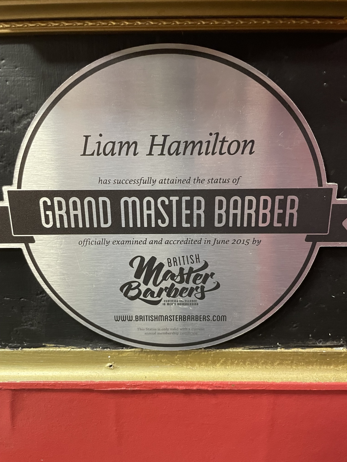 Grand Master Barber plaque awarded to Liam Hamilton by the British Master Barbers
