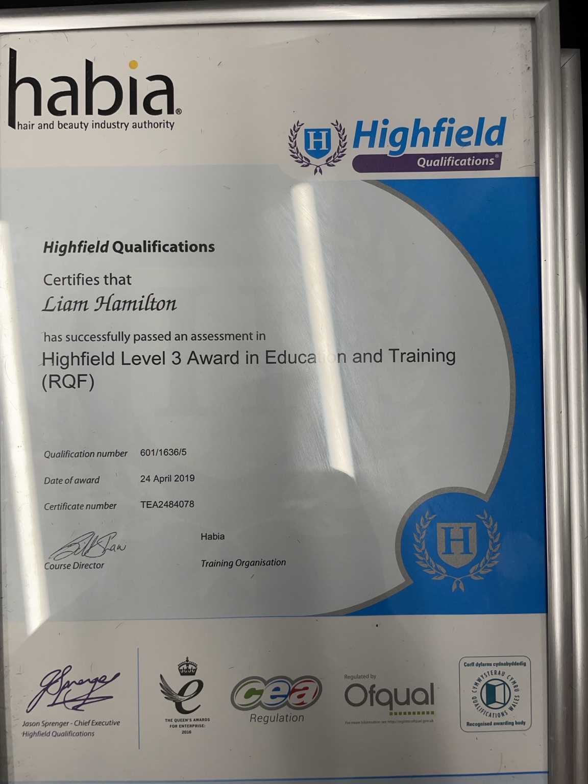 Highfield Level 3 Award in Education and Training certificate awarded to Liam Hamilton