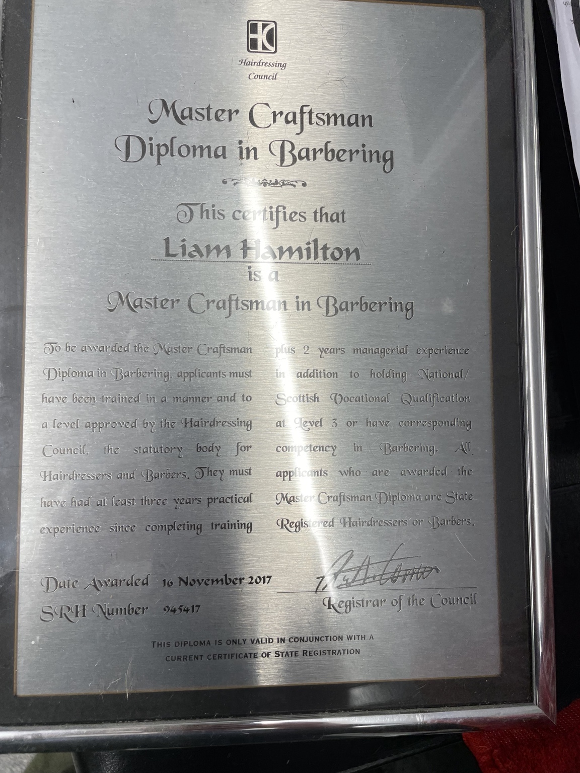 Master Craftsman Diploma in Barbering awarded to Liam Hamilton